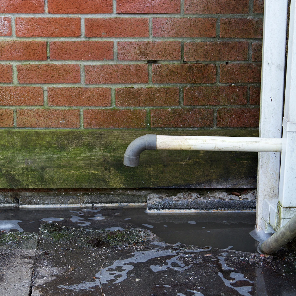 A picture of a blocked rain and water pooling