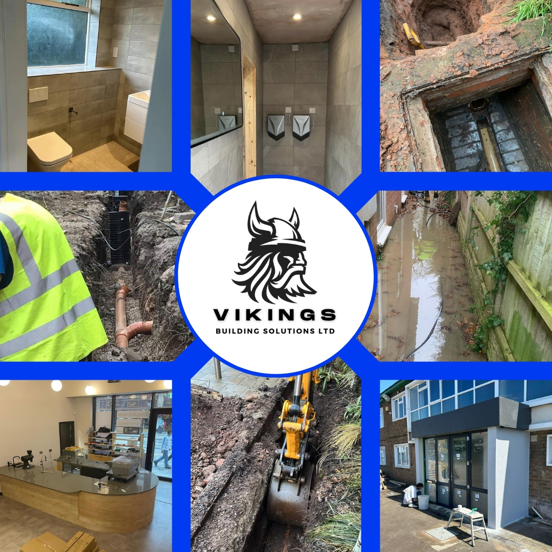 A picture collage of a collection of Drainage and Construction projects undertaken by Vikings Building Solutions