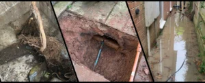 Three picture collage of emergency drain unblocking and emergency drain repair jobs carried out by Vikings Building Solutions including root removal, a drain unblock, and a damage pipe repair